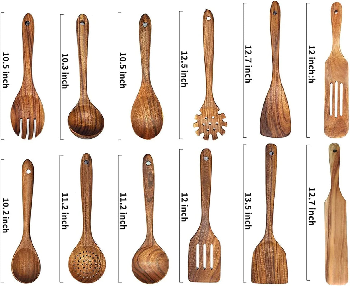 Wooden Spoons for Cooking,12 Pack Wooden Utensils for Cooking Wooden Kitchen Utensils Set Wooden Cooking Utensils Natural Teak Wooden Spatulas for Cooking