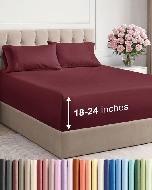 Extra Deep Twin Sheet Set - 4 Piece Breathable & Cooling Sheets - Burgundy